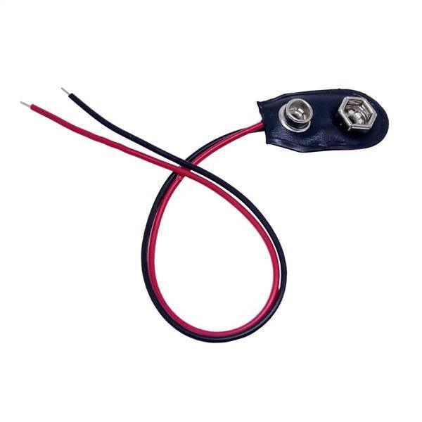 9 Volt Battery Snap Connector - a black plastic head with two metal snap terminals attached to a red and black wire pair with stripped ends.