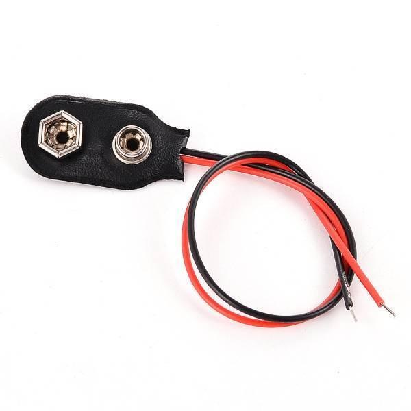 9 Volt Battery Snap Connector - a black leather-like head with two metal terminals and two attached red and black wires.