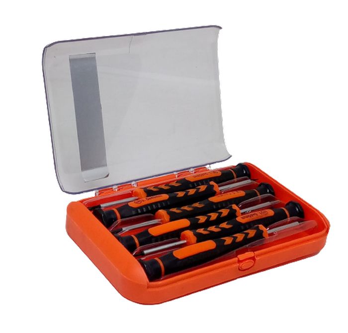 91024 6pcs Professional Mobile Repairing Tools Screwdrivers Set Kit Pack - shown in an open orange plastic storage case with a clear hinged lid.
