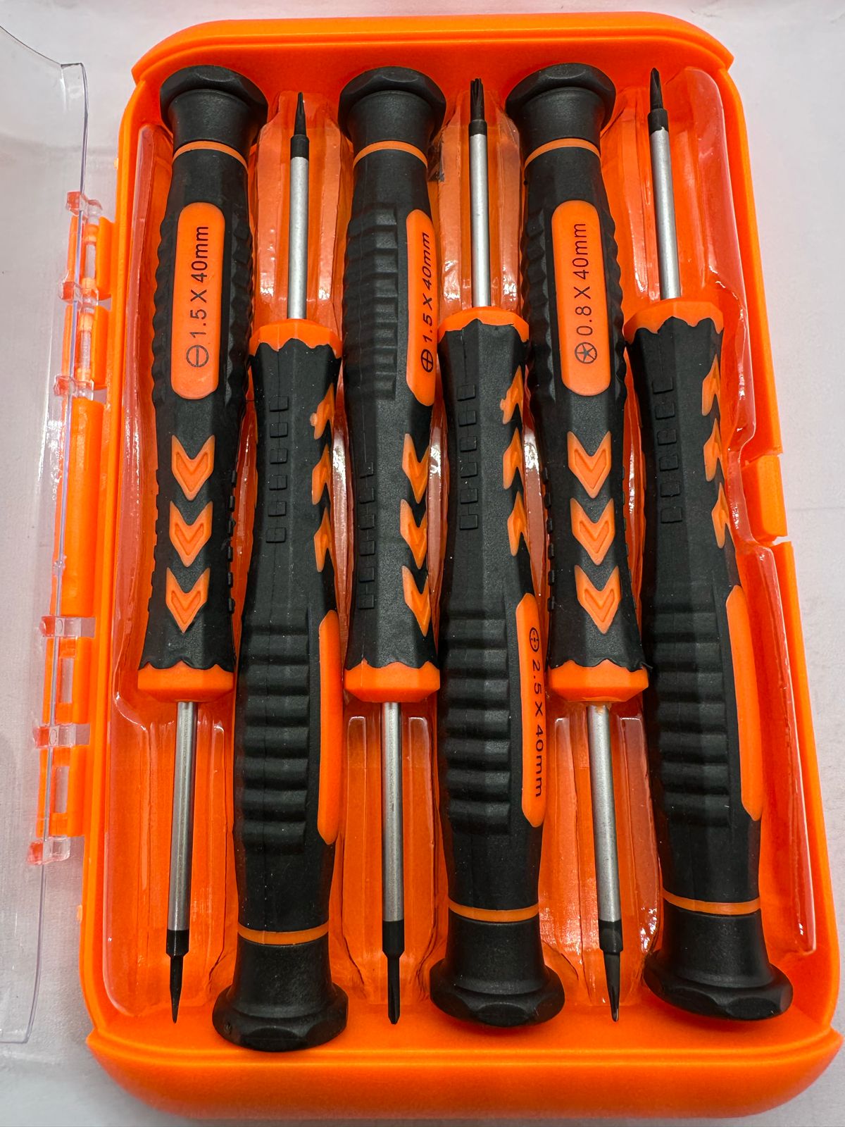 91024 6pcs Professional Mobile Repairing Tools Screwdrivers Set Kit Pack - an open orange plastic case showing six precision screwdrivers.