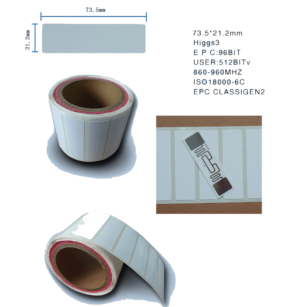 915MHz Uhf Passive RFID Tag Uhf RFID Tag Alien Higgs 3 9662 Epc Global C1G2 Dry Inlay Printable - white adhesive label rolls, a single tag with an internal antenna, and a dimension diagram.