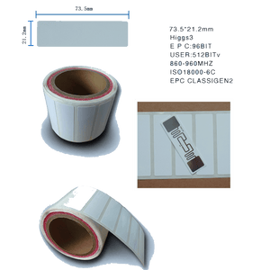 915MHz Uhf Passive RFID Tag Uhf RFID Tag Alien Higgs 3 9662 Epc Global C1G2 Dry Inlay Printable - white adhesive label rolls, a single tag with an internal antenna, and a dimension diagram.
