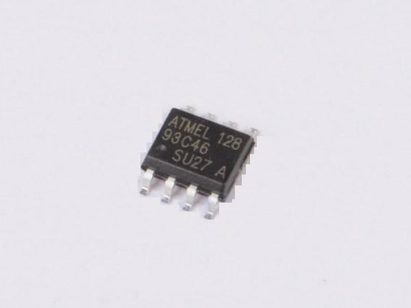 93C46 EEPROM SMD - a black, eight-pin integrated circuit chip with "ATMEL 128 93C46 SU27 A" printed on its top surface.