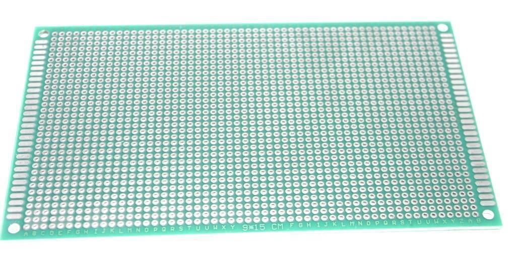 9CMX15CM Double Sided Fiberglass PCB Veroboard/stripboard - a rectangular green circuit board with a grid of copper-plated holes and edge connectors.