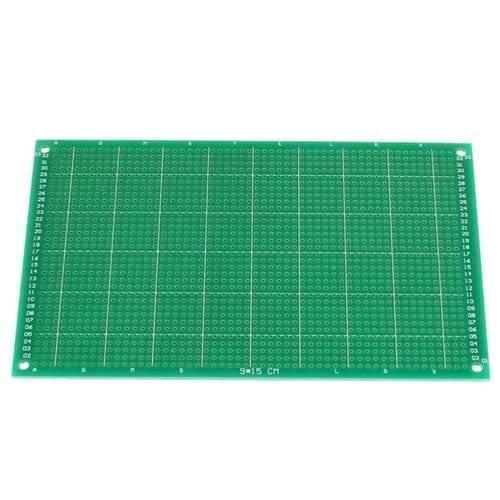 9CMX15CM Fr-4 Single Side Fiber Prototype Veroboard Stripboard PCB Circuit Board Dotted - a rectangular green circuit board with a grid of copper holes and printed numerical coordinates.