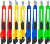 9mm Auto-lock Snapper Utility Paper Knife Cutter - eight retractable cutters in red, yellow, blue, and green with black sliding locks.