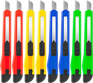 9mm Auto-lock Snapper Utility Paper Knife Cutter - eight retractable cutters in red, yellow, blue, and green with black sliding locks.