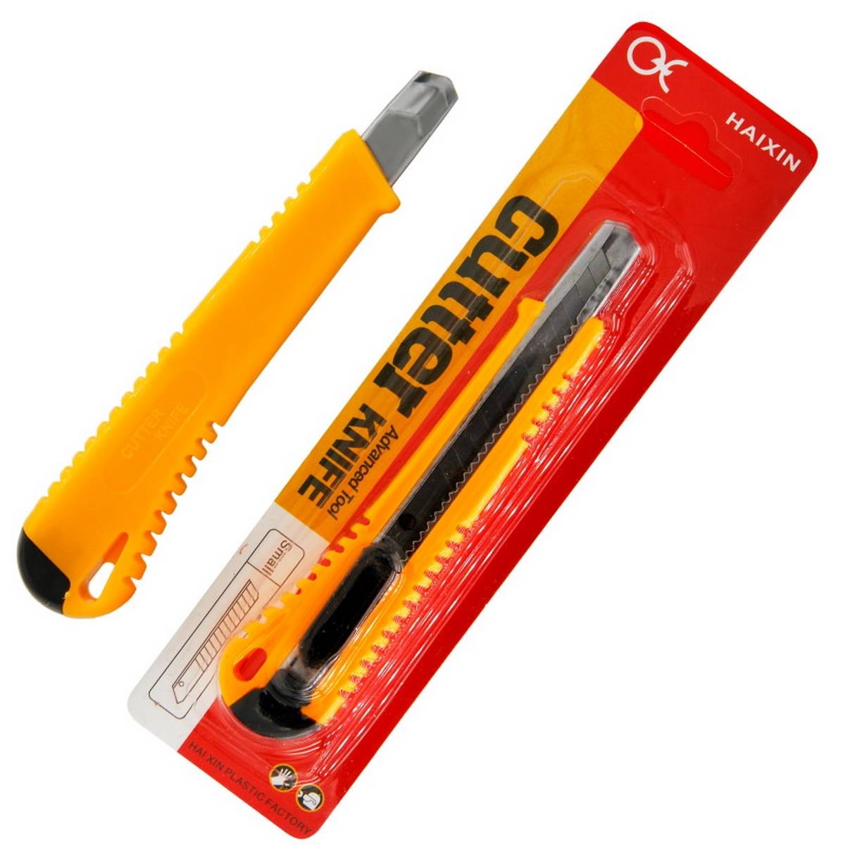 9mm Auto-lock Snapper Utility Paper Knife Cutter - shown as one loose yellow utility knife next to a second knife inside its red and yellow retail packaging.