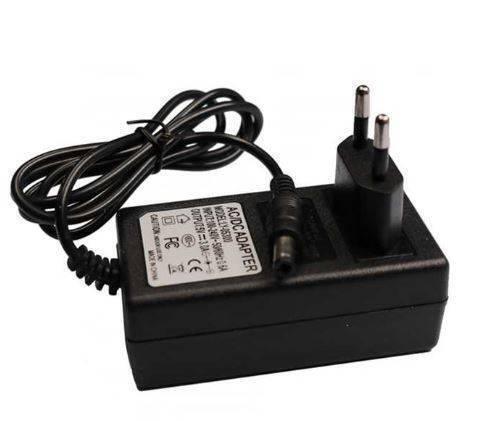 9V 3A Power Supply Adapter - a black rectangular AC/DC adapter with a two-pin plug, a coiled power cord, and a cylindrical output connector.