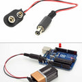 9V Battery Snap Connector To DC Male Power Adapter Cable For Arduino - shown as a standalone cable and connected to a 9V battery and an Arduino Uno board.