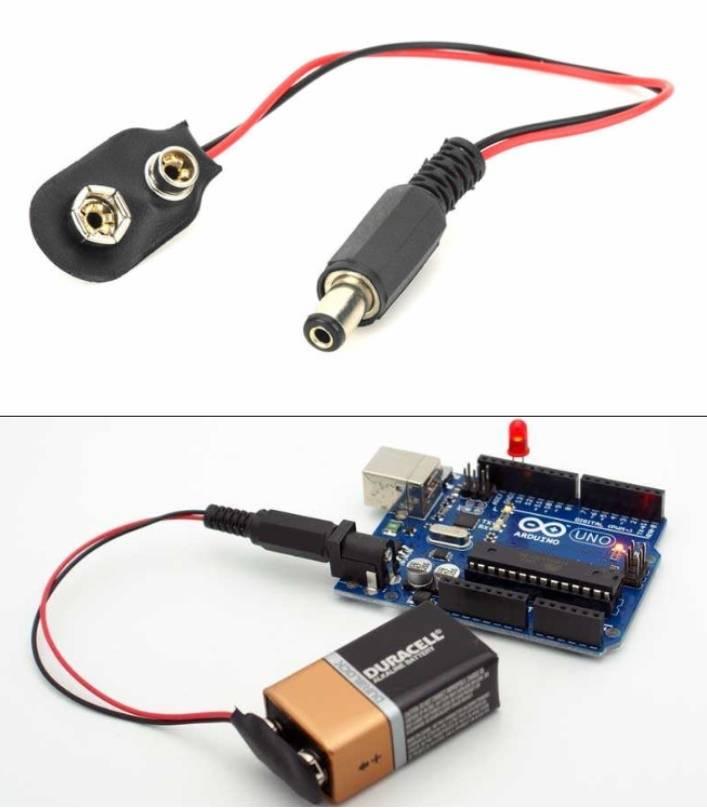 9V Battery Snap Connector To DC Male Power Adapter Cable For Arduino - shown as a standalone cable and connected to a 9V battery and an Arduino Uno board.