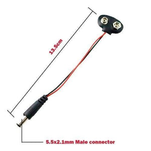 9V Battery Snap Connector To DC Male Power Adapter Cable For Arduino - a black 9V battery snap connected by wires to a 5.5x2.1mm DC male power connector.