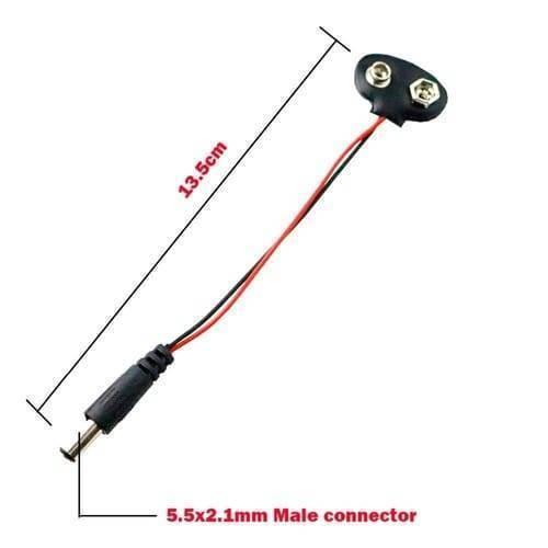 9V Battery Snap Connector To DC Male Power Adapter Cable For Arduino - a black 9V battery snap connected by wires to a 5.5x2.1mm DC male power connector.