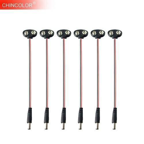 9V Battery Snap Connector To DC Male Power Adapter Cable For Arduino - six black cables with 9V battery snaps on one end and DC male jacks.