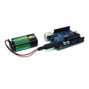 9V Battery Snap Connector To DC Male Power Adapter Cable For Arduino - connected to a blue Arduino development board and a green 9V battery.