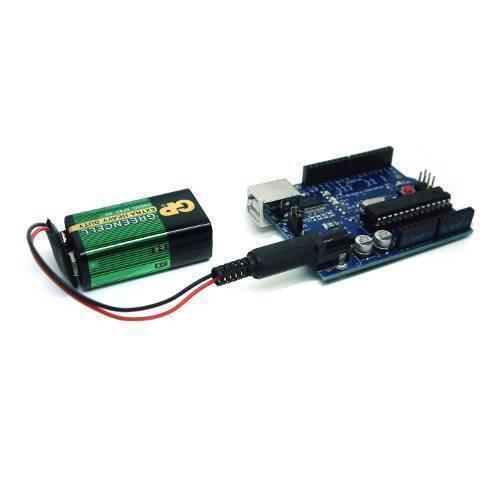 9V Battery Snap Connector To DC Male Power Adapter Cable For Arduino - connected to a blue Arduino development board and a green 9V battery.