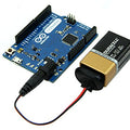 9V Battery With Snap Connector - shown connected to an Arduino Leonardo board via a black and red wire snap connector plugged into the DC power jack.