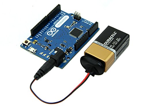 9V Battery With Snap Connector - shown connected to an Arduino Leonardo board via a black and red wire snap connector plugged into the DC power jack.