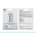 9V Rechargeable Lithium Battery 1000mAh – USB Type-c (6F22) - the battery, a USB-C charging cable, and technical specifications on the back.