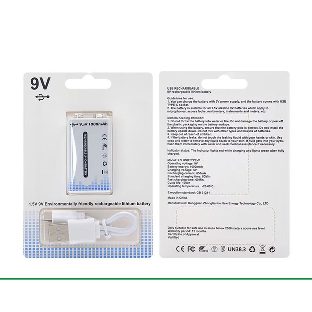 9V Rechargeable Lithium Battery 1000mAh – USB Type-c (6F22) - the battery, a USB-C charging cable, and technical specifications on the back.