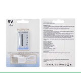 9V Rechargeable Lithium Battery 1000mAh – USB Type-c (6F22) - the battery, a USB-C charging cable, and technical specifications on the back.