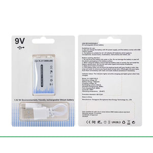 9V Rechargeable Lithium Battery 1000mAh – USB Type-c (6F22) - the battery, a USB-C charging cable, and technical specifications on the back.