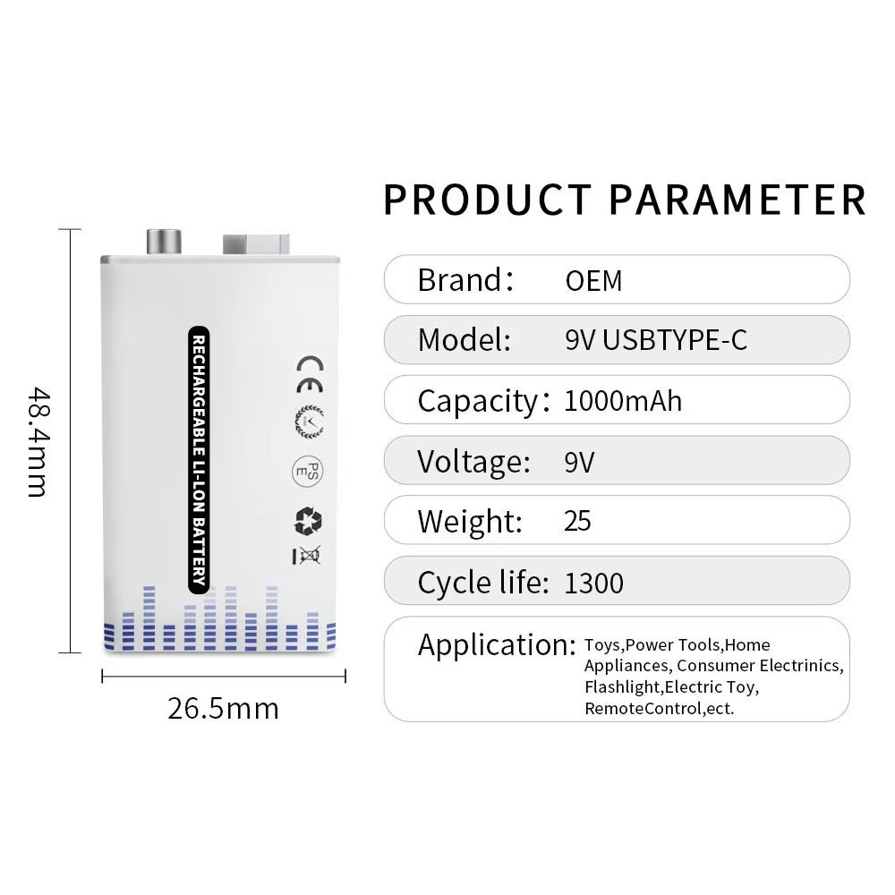 9V Rechargeable Lithium Battery 1000mAh – USB Type-c (6F22) - shown as a white rectangular battery next to a text list of product specifications and dimensions.