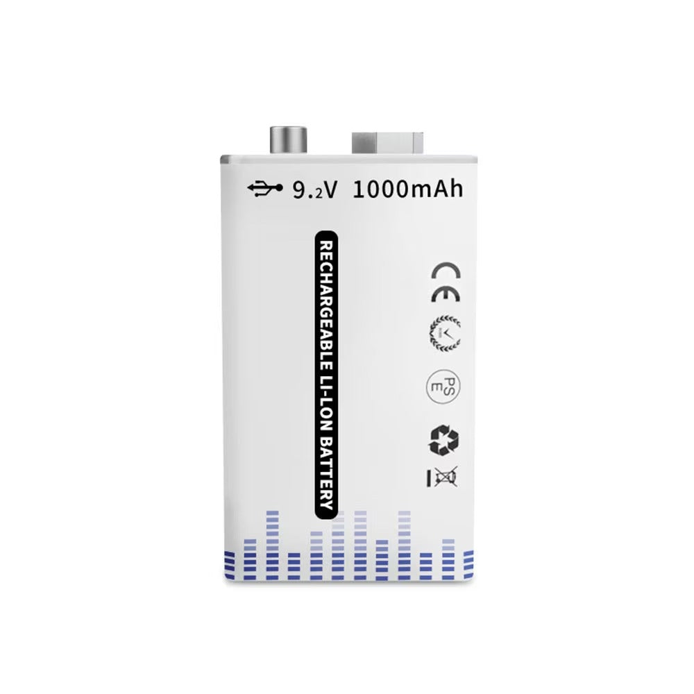 9V Rechargeable Lithium Battery 1000mAh – USB Type-c (6F22) - a white rectangular 6F22 battery with a USB port on top and printed text indicating 9.2V and 1000mAh capacity.