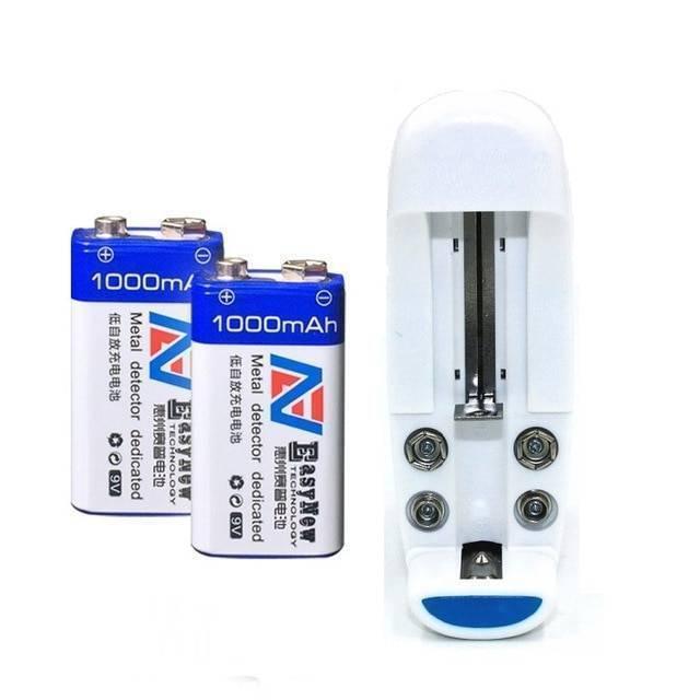 9V Universal Battery Charger - shown with two blue and white 1000mAh 9V rechargeable batteries and a white single-slot battery charger unit.