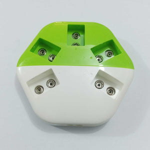 9V Universal Battery Charger - a pentagonal device with a green and white plastic housing featuring five pairs of metal battery contact terminals.