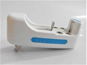 9V Universal Battery Charger - a white plastic device with blue side accents, featuring a metal prong on the bottom and a battery compartment on top.