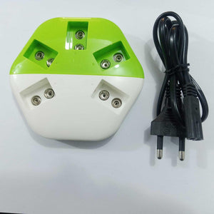 9V Universal Battery Charger - a white and green hexagonal charging unit with five dual-contact ports and an included two-pin power cable.