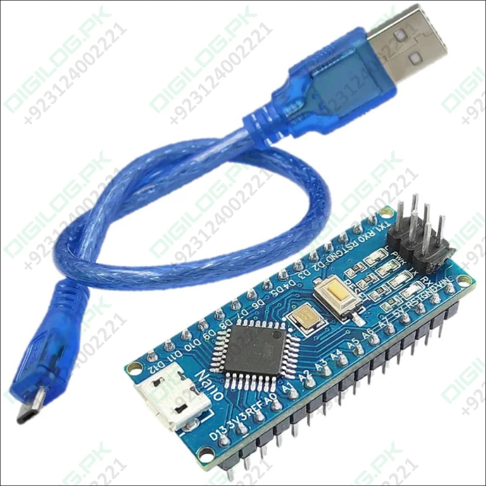 Blue Arduino Nano V3 with USB cable, available in Pakistan, ideal for projects