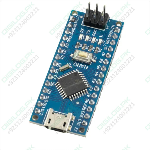 Blue Arduino Nano V3 microcontroller board with USB cable available in Pakistan