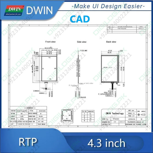 DWIN 4.3 Inch 4 Wire Resistive Touch Panel YF04303