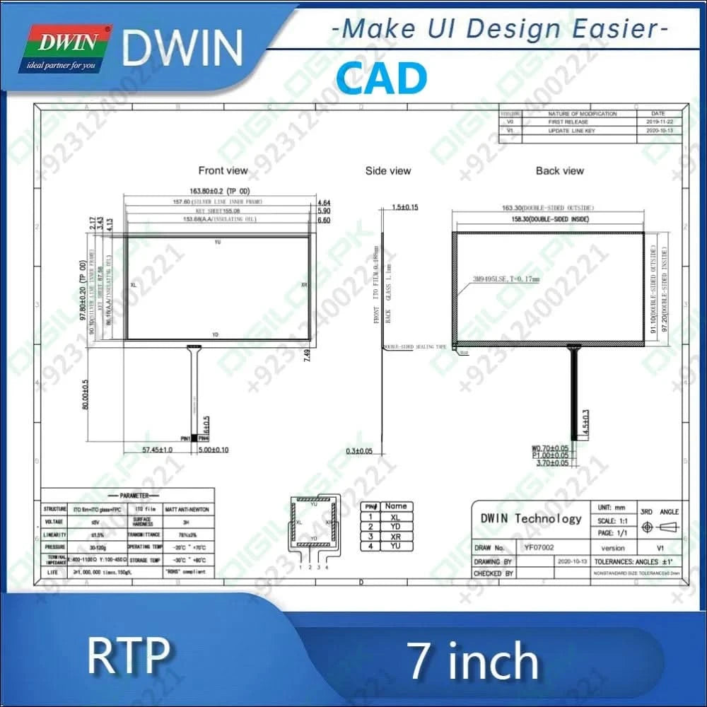 Dwin 7 Inch 4 Wire Rtp Resistive Touch Panel Yf07002 - LCD