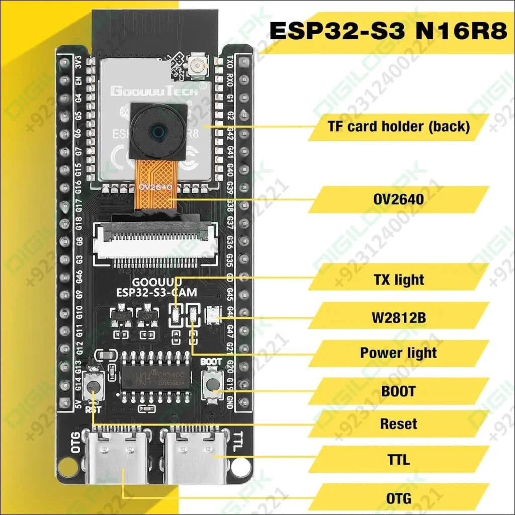 ESP32 S3 CAM Development Board with OV2640 Camera - ESP32-S3-WROOM N16R8 Module WiFi Bluetooth Microcontroller MCU