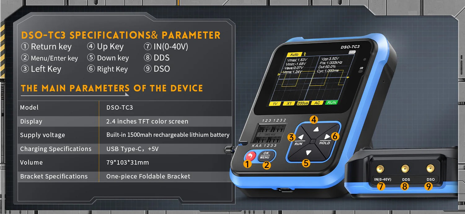 FNIRSI® DSO-TC3 3-IN-1 Handheld 500KHz 10MS/S Digital Oscilloscopes Signal Generator Transistor Tester in pakistan