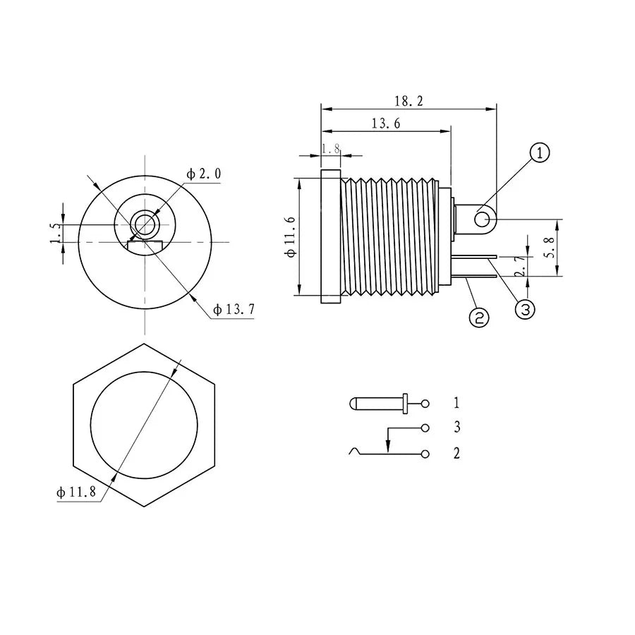 Dc-022 Dc Power Jack Pcb Mount Female Connector 3 Pin