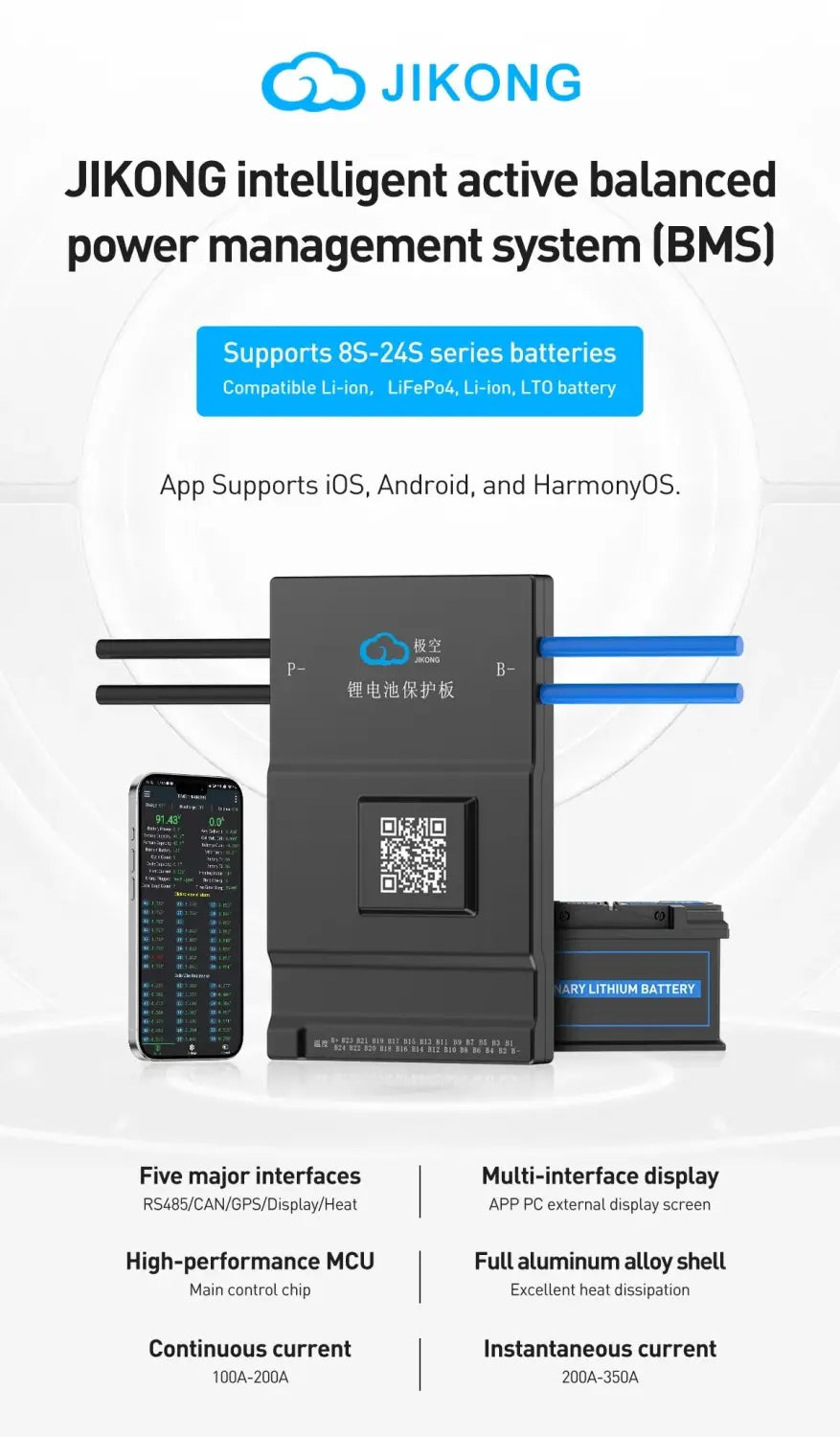 JK 24S 200A Smart BMS with 600mA