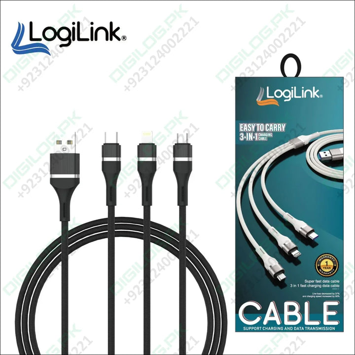 Logilink 3in1 Usb To Micro/type C/iphone Nylon Data Cable 6a Fast Charging 1.2m black