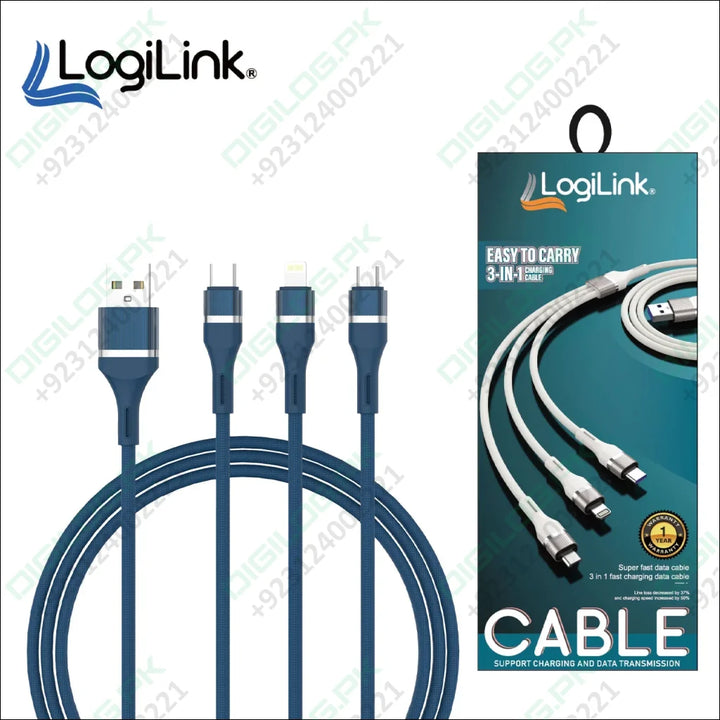 LogiLink 3In1 USB To Micro/Type C/iPhone Nylon Fast Charging 6A Data Cable 1.2m blue