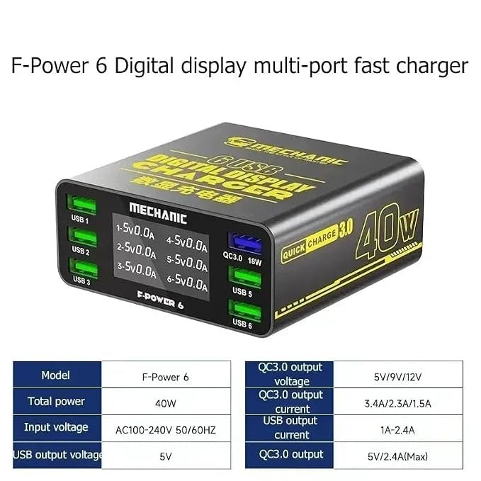 MECHANIC F-Power 6 — 6-Port USB Digital Display Charging Station with QC3.0 (40W)