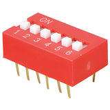 Red DIP switch with six white toggles for mini dip applications in stock lot NT 06