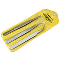3 Pcs Stainless Steel Electronic Tweezers Set - shown in a yellow plastic storage pouch with three distinct tweezers inside.