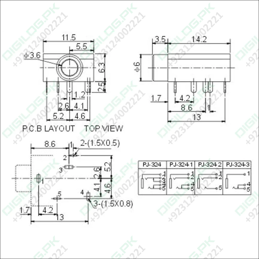 Pj-324 Pcb Mount Female Audio Connector Dip Stereo