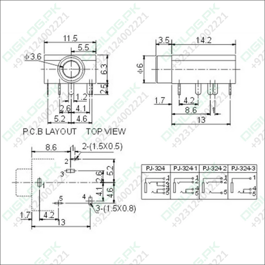 Pj-324 Pcb Mount Female Audio Connector Dip Stereo