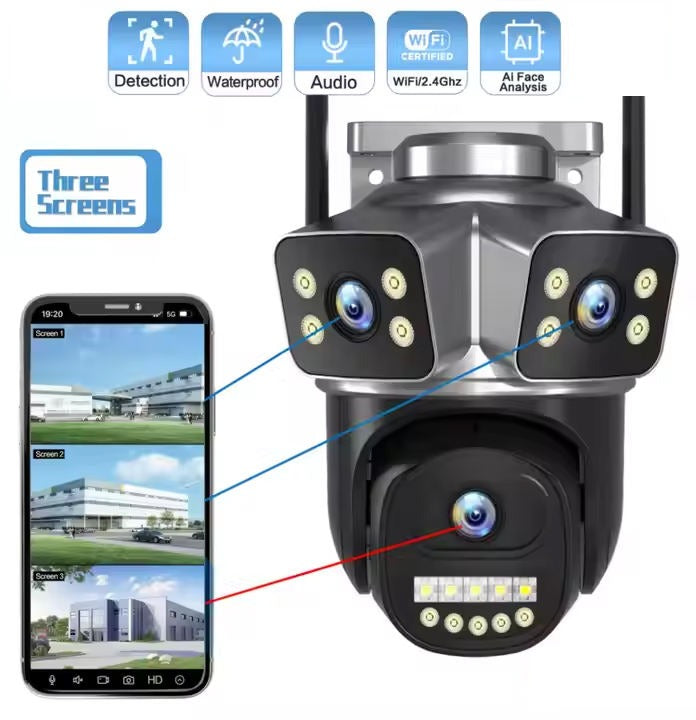 QD18 WiFi Security Camera, 3 Lens PTZ, Outdoor Home CCTV, Night Vision, APP Control, 2-Way Audio, Motion Detection Alarm
