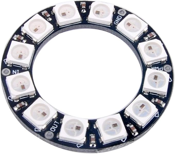 RGB LED Ring 12Bit WS2812 5050 Integrated Driver Module for Arduino - a circular black PCB featuring twelve white LEDs with labeled GND, PWR, IN, and OUT ports.