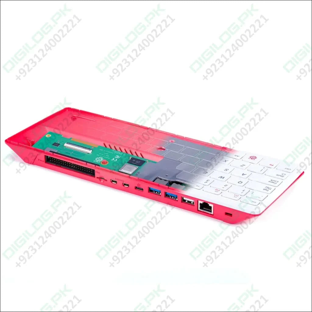 Pink and green electronic device with keyboard on a white background